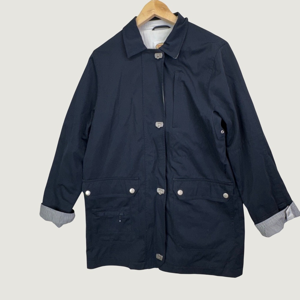 Talbots Utility Jacket S Navy Blue Preppy Coastal Barn Coat Striped Lining